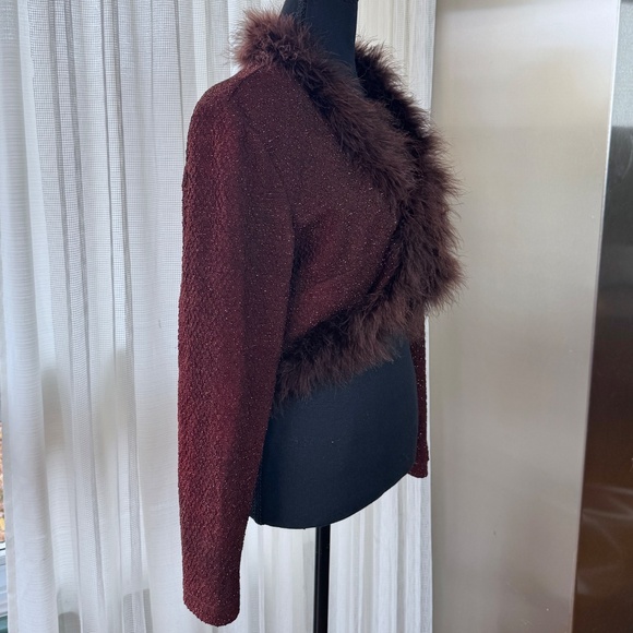 Vintage 80s bolero, burgundy gold thread, marabout feathers, Joseph Ribkoff, 8 - Picture 5 of 13